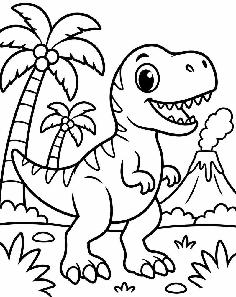 Printable T-rex coloring page with palm trees and a volcano