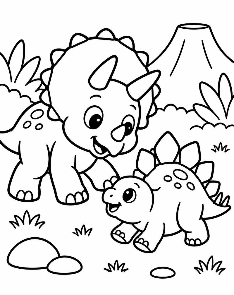 Printable triceratops and stegosaurus coloring page